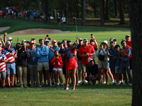 GAINESVILLE, VIRGINIA - SEPTEMBER 15: Nelly Korda of the United States hits out of the rough toward the first green during single matches on...