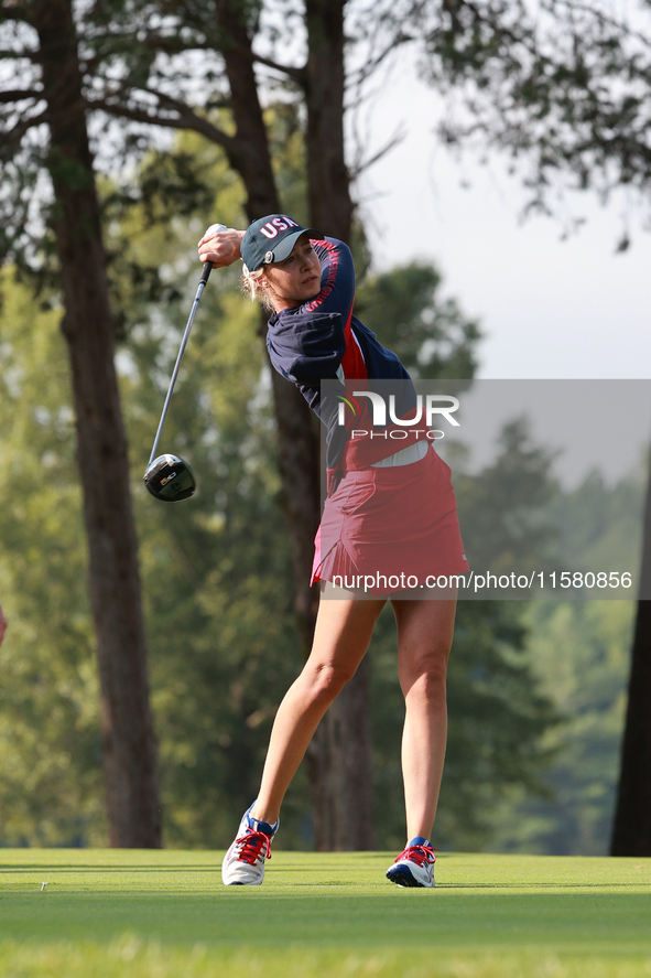 GAINESVILLE, VIRGINIA - SEPTEMBER 15: Nelly Korda of the United States plays her tee shot on the second hole during single matches on Day Th...