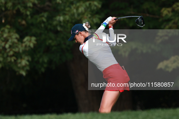 GAINESVILLE, VIRGINIA - SEPTEMBER 15: Nelly Korda of the United States plays her tee shot on the third hole during single matches on Day Thr...