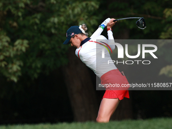 GAINESVILLE, VIRGINIA - SEPTEMBER 15: Nelly Korda of the United States plays her tee shot on the third hole during single matches on Day Thr...