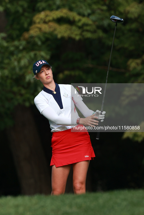 GAINESVILLE, VIRGINIA - SEPTEMBER 15: Nelly Korda of the United States plays her tee shot on the third hole during single matches on Day Thr...