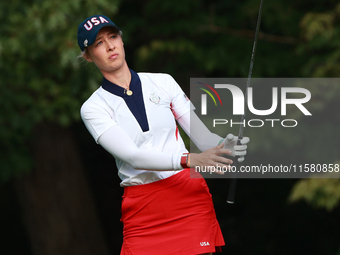 GAINESVILLE, VIRGINIA - SEPTEMBER 15: Nelly Korda of the United States plays her tee shot on the third hole during single matches on Day Thr...