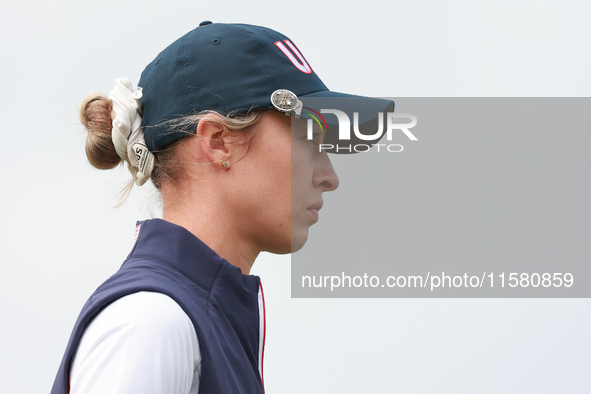 GAINESVILLE, VIRGINIA - SEPTEMBER 15: Nelly Korda of the United States walks on the third hole during single matches on Day Three of the Sol...