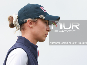 GAINESVILLE, VIRGINIA - SEPTEMBER 15: Nelly Korda of the United States walks on the third hole during single matches on Day Three of the Sol...