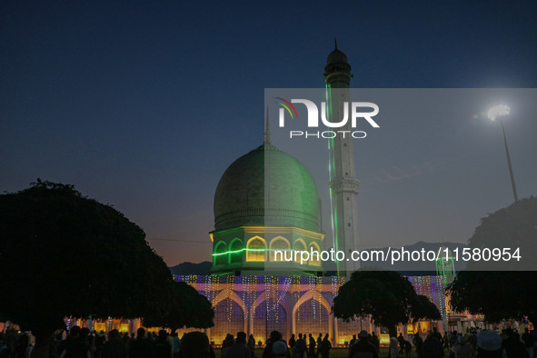 A view of the illuminated Hazratbal shrine on the occasion of Eid Milad-un-Nabi, also known as Mawlid, which marks the birth anniversary of...