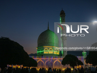 A view of the illuminated Hazratbal shrine on the occasion of Eid Milad-un-Nabi, also known as Mawlid, which marks the birth anniversary of...