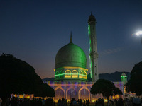 A view of the illuminated Hazratbal shrine on the occasion of Eid Milad-un-Nabi, also known as Mawlid, which marks the birth anniversary of...