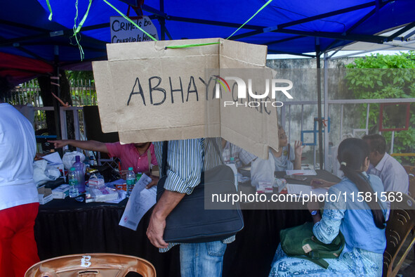 A free clinic named ''Abhaya Clinic'' is seen at the doctors' agitation site in front of the Health Ministry head office in Kolkata, India,...