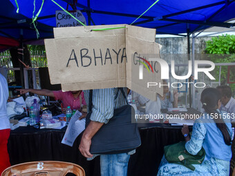 A free clinic named ''Abhaya Clinic'' is seen at the doctors' agitation site in front of the Health Ministry head office in Kolkata, India,...