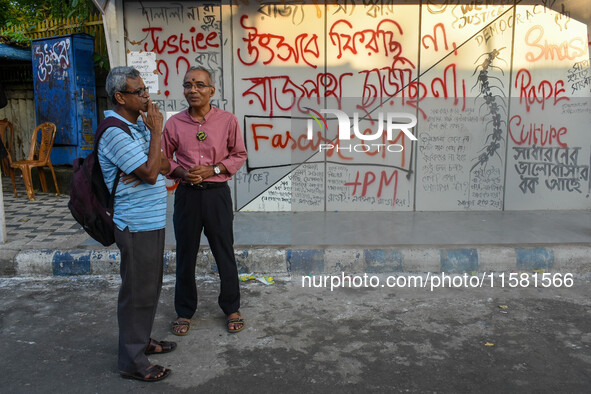 Various protest writings are seen in Kolkata, India, on September 17, 2024. 