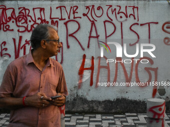 Various protest writings are seen in Kolkata, India, on September 17, 2024. (