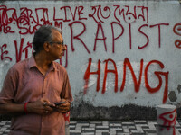 Various protest writings are seen in Kolkata, India, on September 17, 2024. (