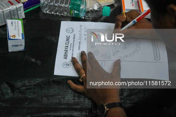 A free clinic named ''Abhaya Clinic'' is seen at the doctors' agitation site in front of the Health Ministry head office in Kolkata, India,...