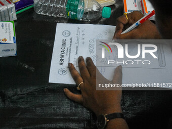 A free clinic named ''Abhaya Clinic'' is seen at the doctors' agitation site in front of the Health Ministry head office in Kolkata, India,...