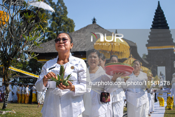 Several Jabodetabek-based Balinese Hindus attended the 19th Pujawali tradition at Parahyangan Agung Jagatkarta Temple in Bogor, West Java, I...