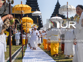 Several Jabodetabek-based Balinese Hindus attended the 19th Pujawali tradition at Parahyangan Agung Jagatkarta Temple in Bogor, West Java, I...