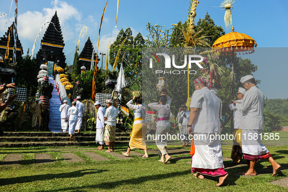 Several Jabodetabek-based Balinese Hindus attended the 19th Pujawali tradition at Parahyangan Agung Jagatkarta Temple in Bogor, West Java, I...