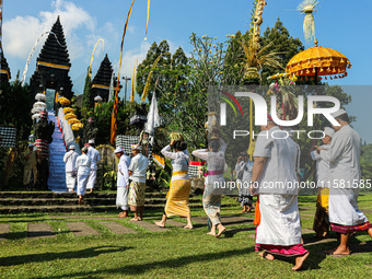 Several Jabodetabek-based Balinese Hindus attended the 19th Pujawali tradition at Parahyangan Agung Jagatkarta Temple in Bogor, West Java, I...