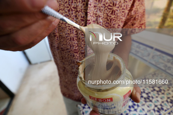 A photo taken in Algiers, Algeria, on September 17, 2024, shows ''El Mordjene'' chocolate and hazelnut spread boxes for sale in a supermarke...