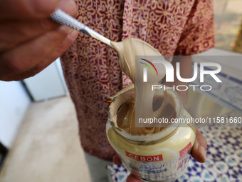 A photo taken in Algiers, Algeria, on September 17, 2024, shows ''El Mordjene'' chocolate and hazelnut spread boxes for sale in a supermarke...