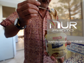 A photo taken in Algiers, Algeria, on September 17, 2024, shows ''El Mordjene'' chocolate and hazelnut spread boxes for sale in a supermarke...