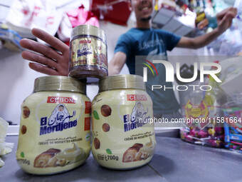 A photo taken in Algiers, Algeria, on September 17, 2024, shows ''El Mordjene'' chocolate and hazelnut spread boxes for sale in a supermarke...