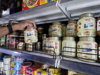 A photo taken in Algiers, Algeria, on September 17, 2024, shows ''El Mordjene'' chocolate and hazelnut spread boxes for sale in a supermarke...