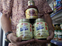 A photo taken in Algiers, Algeria, on September 17, 2024, shows ''El Mordjene'' chocolate and hazelnut spread boxes for sale in a supermarke...