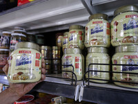 A photo taken in Algiers, Algeria, on September 17, 2024, shows ''El Mordjene'' chocolate and hazelnut spread boxes for sale in a supermarke...