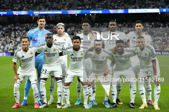 Real Madrid line up during the UEFA Champions League 2024/25 League Phase MD1 match between Real Madrid C.F. and VfB Stuttgart at Estadio Sa...