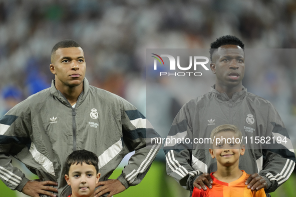 Kylian Mbappe centre-forward of Real Madrid and France and Vinicius Junior left winger of Real Madrid and Brazil prior the UEFA Champions Le...