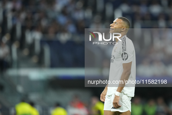 Kylian Mbappe centre-forward of Real Madrid and France lament a failed occasion during the UEFA Champions League 2024/25 League Phase MD1 ma...