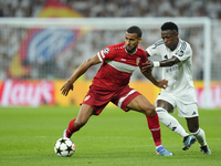 Josha Vagnoman right-back of Stuttgart and Germany and Vinicius Junior left winger of Real Madrid and Brazil compete for the ball during the...