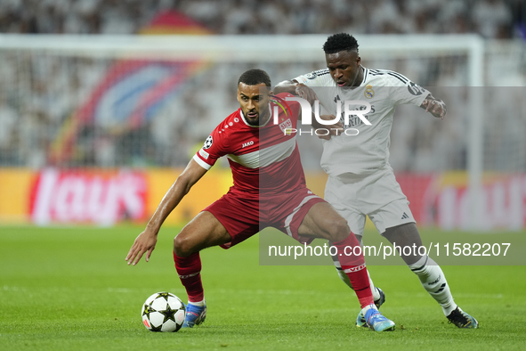 Josha Vagnoman right-back of Stuttgart and Germany and Vinicius Junior left winger of Real Madrid and Brazil compete for the ball during the...