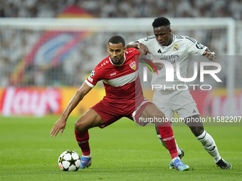 Josha Vagnoman right-back of Stuttgart and Germany and Vinicius Junior left winger of Real Madrid and Brazil compete for the ball during the...