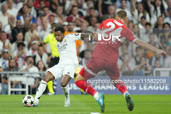 Rodrygo Goes right winger of Real Madrid and Brazil shooting to goal during the UEFA Champions League 2024/25 League Phase MD1 match between...