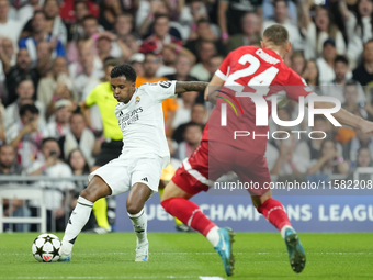 Rodrygo Goes right winger of Real Madrid and Brazil shooting to goal during the UEFA Champions League 2024/25 League Phase MD1 match between...