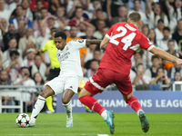 Rodrygo Goes right winger of Real Madrid and Brazil shooting to goal during the UEFA Champions League 2024/25 League Phase MD1 match between...