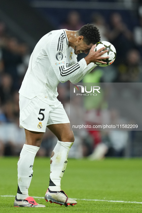 Jude Bellingham central midfield of Real Madrid and England reacts during the UEFA Champions League 2024/25 League Phase MD1 match between R...