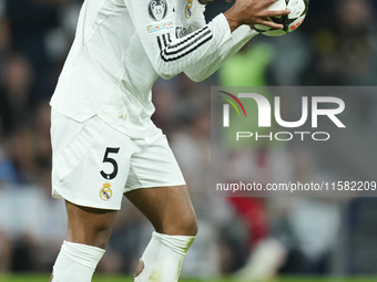 Jude Bellingham central midfield of Real Madrid and England reacts during the UEFA Champions League 2024/25 League Phase MD1 match between R...