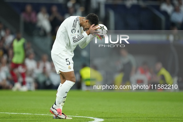 Jude Bellingham central midfield of Real Madrid and England reacts during the UEFA Champions League 2024/25 League Phase MD1 match between R...