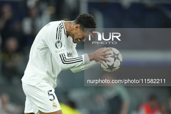 Jude Bellingham central midfield of Real Madrid and England reacts during the UEFA Champions League 2024/25 League Phase MD1 match between R...