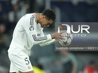 Jude Bellingham central midfield of Real Madrid and England reacts during the UEFA Champions League 2024/25 League Phase MD1 match between R...