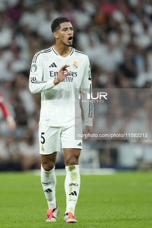 Jude Bellingham central midfield of Real Madrid and England reacts during the UEFA Champions League 2024/25 League Phase MD1 match between R...