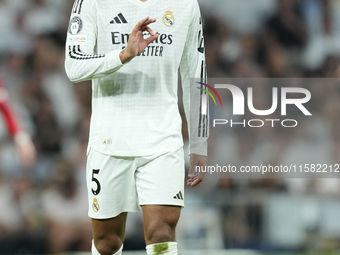 Jude Bellingham central midfield of Real Madrid and England reacts during the UEFA Champions League 2024/25 League Phase MD1 match between R...