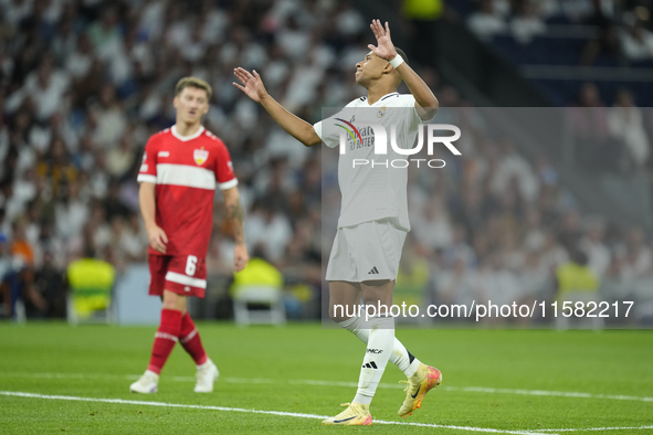 Kylian Mbappe centre-forward of Real Madrid and France lament a failed occasion during the UEFA Champions League 2024/25 League Phase MD1 ma...