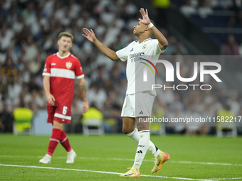 Kylian Mbappe centre-forward of Real Madrid and France lament a failed occasion during the UEFA Champions League 2024/25 League Phase MD1 ma...