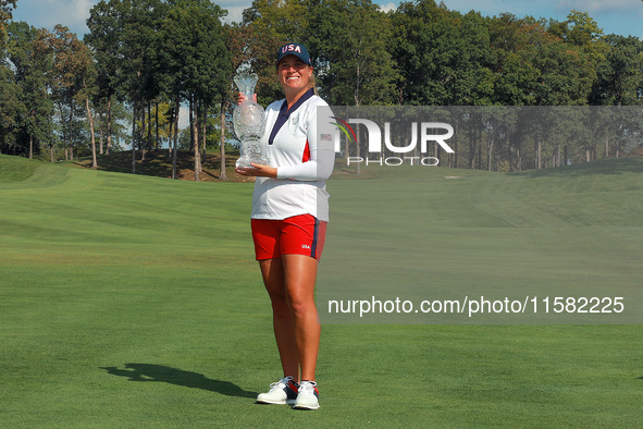 GAINESVILLE, VIRGINIA - SEPTEMBER 15: Lauren Coughlin of the United States poses while holding the trophy after a Team USA win at the conclu...