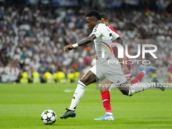 Vinicius Junior left winger of Real Madrid and Brazil in action during the UEFA Champions League 2024/25 League Phase MD1 match between Real...