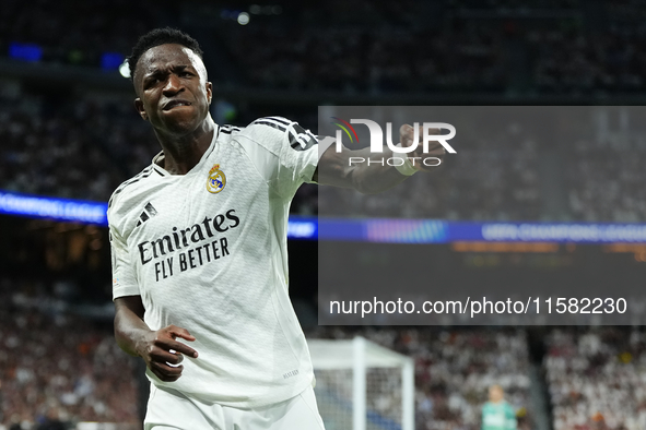 Vinicius Junior left winger of Real Madrid and Brazil reacts during the UEFA Champions League 2024/25 League Phase MD1 match between Real Ma...